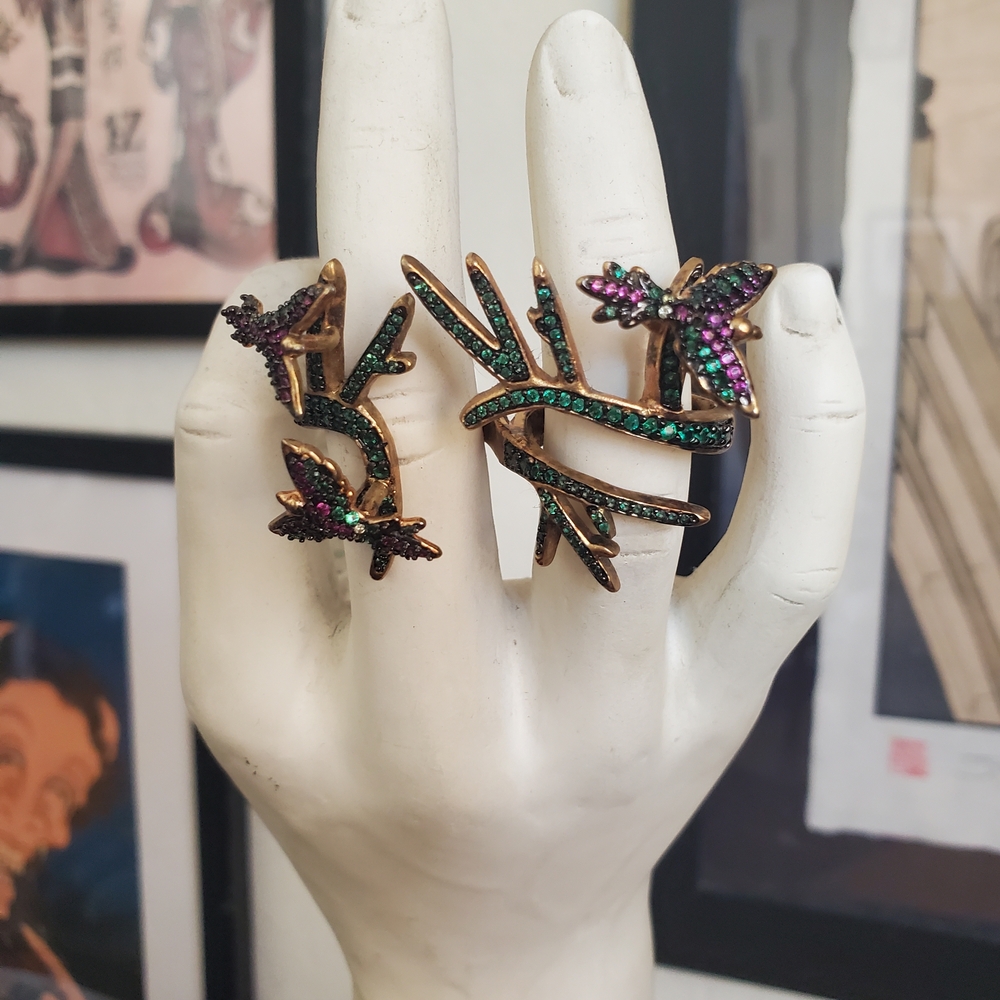 nOir Jewelry Gold Vines And Birds Ring In Green and Purple Crystals